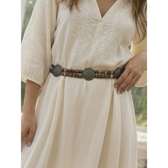 Vintage Accessories - Boho Beaded Belt vintage Brassconcho medallion Wood Bead adjustable Waist Belt